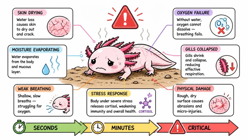 Axolotl out of water showing drying skin breathing failure stress and physical injury