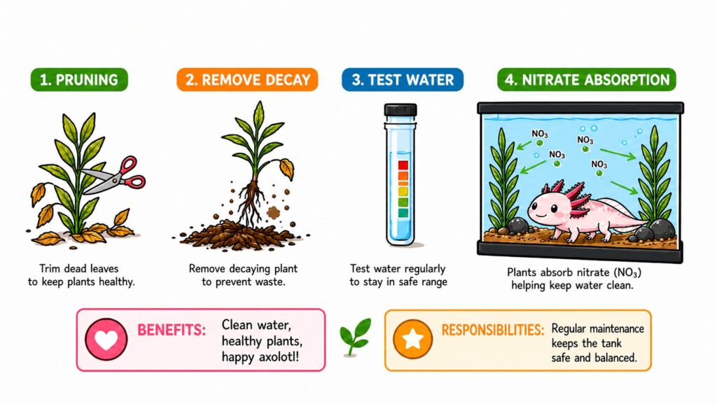 Maintaining axolotl tank plants showing pruning water testing and nitrate absorption benefits
