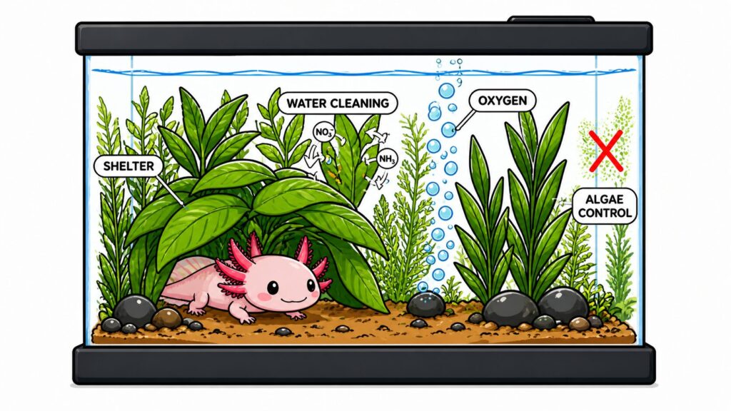Axolotl tank plants providing shelter oxygen water filtration and algae control improving habitat quality