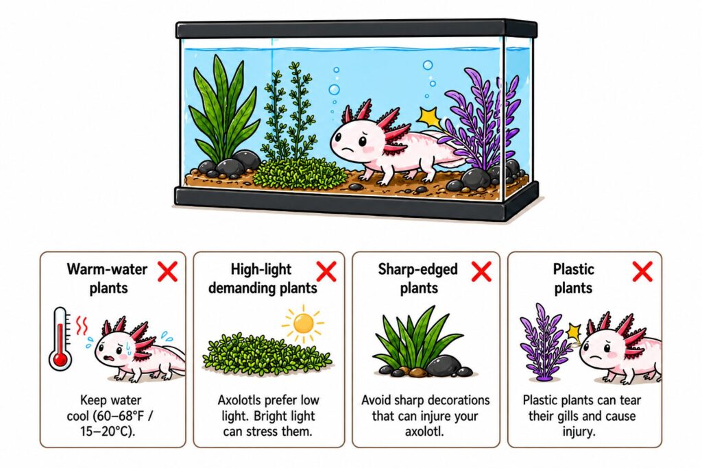 Aquarium plants to avoid for axolotls including tropical plants plastic plants and high light species