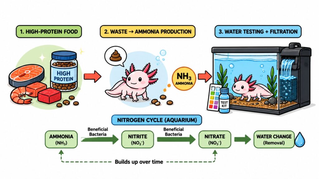 Axolotl diet producing ammonia waste showing link between feeding and water quality management