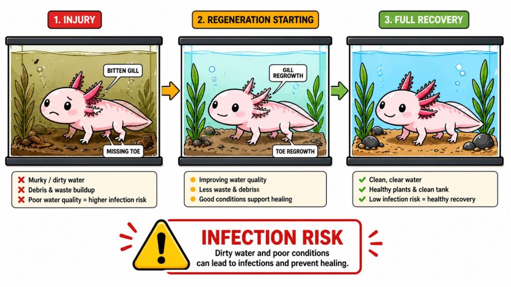 Axolotl regeneration after bite showing healing of limbs and risk of infection from wounds