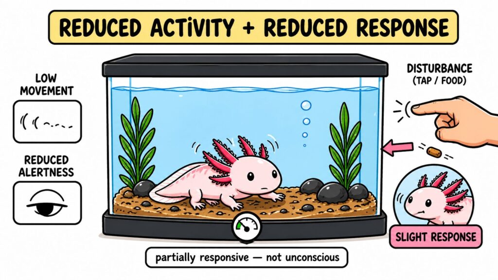 Axolotl resting showing reduced movement and responsiveness but not fully unconscious