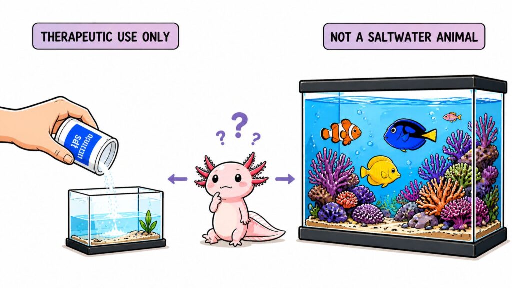 Axolotl salt confusion showing therapeutic salt use and marine aquarium comparison