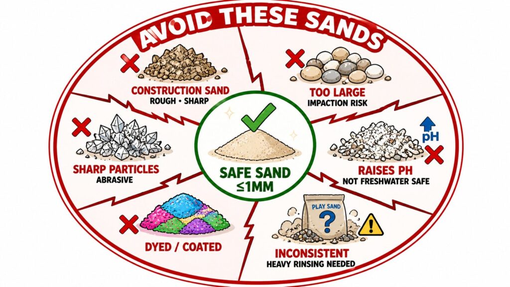 Radar-style warning diagram highlighting unsafe sand types for axolotls including builder’s sand, large-grain aquarium sand, reef sand, play sand risks, and dyed decorative sand.