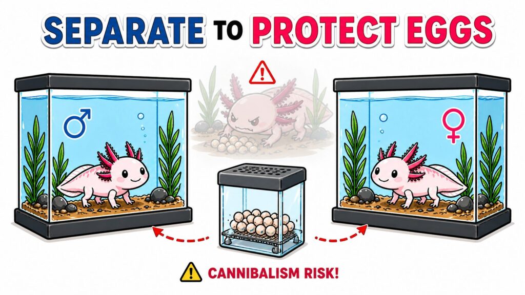 Separating axolotls after mating to protect eggs from being eaten by adults