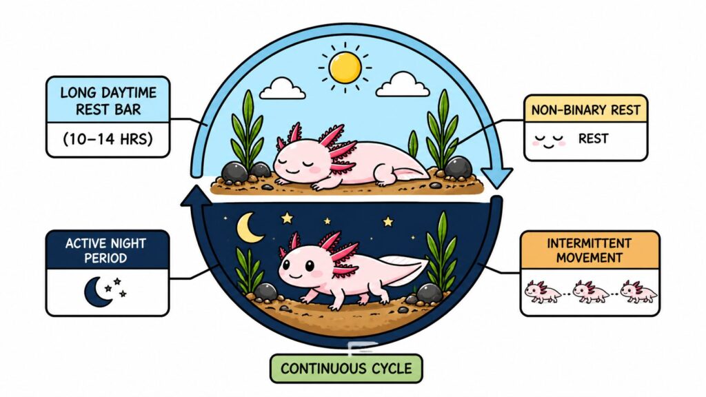 Axolotl rest duration showing long daytime rest and active nighttime behavior
