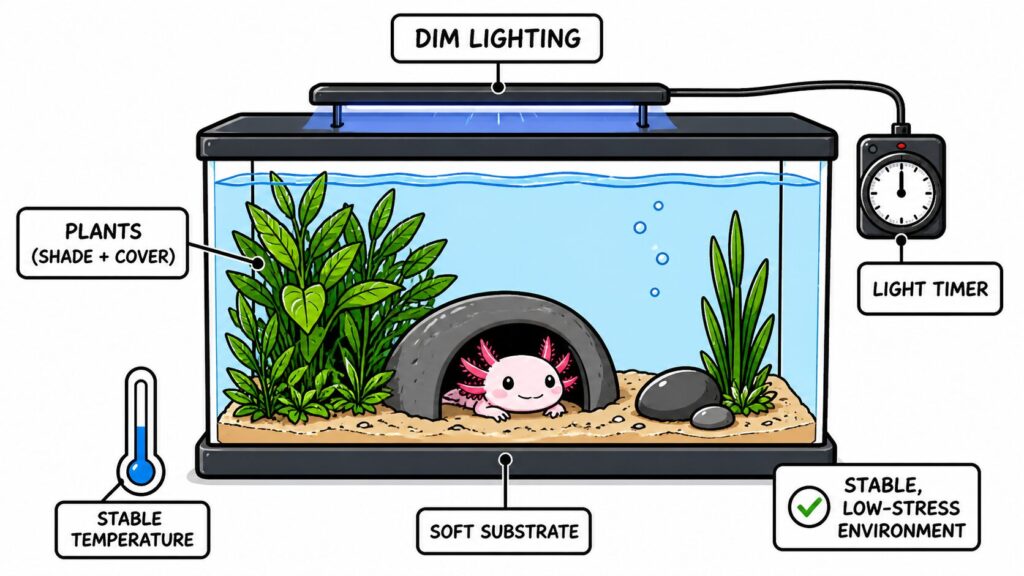 Axolotl tank setup supporting healthy sleep with hides dim light and stable temperature