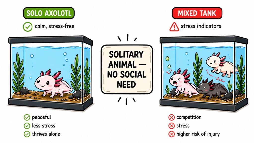 Axolotl living alone versus with tank mates showing lower stress in solo setup