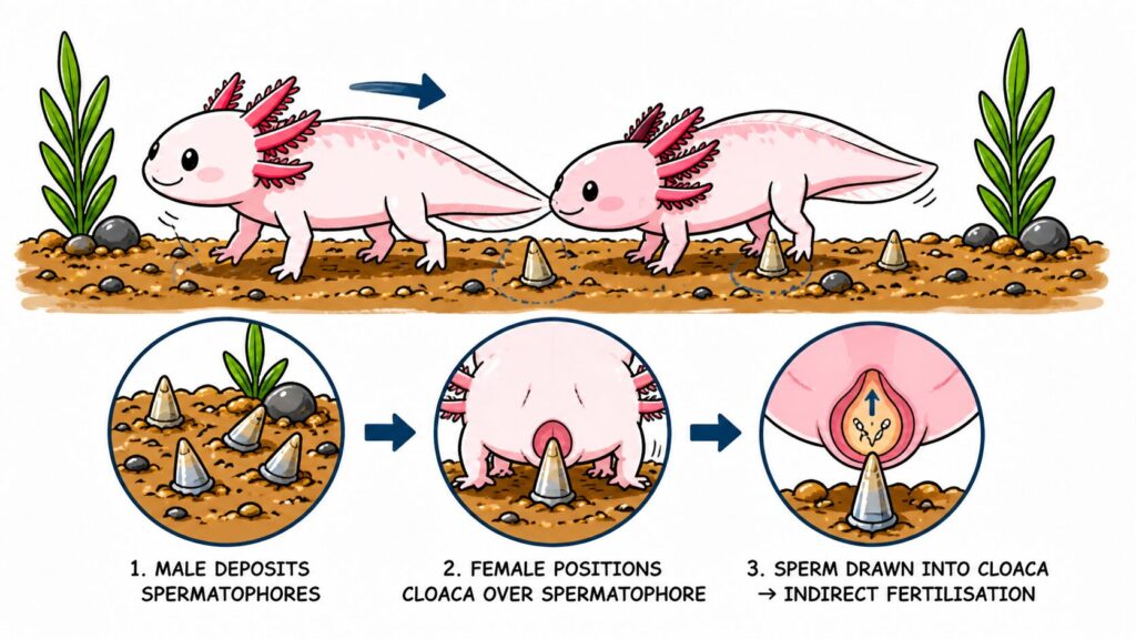 Axolotl spermatophore walk showing male depositing sperm packets and female collecting them for fertilisation