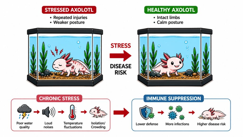 Axolotl health impact showing stress and injury versus healthy condition with proper care
