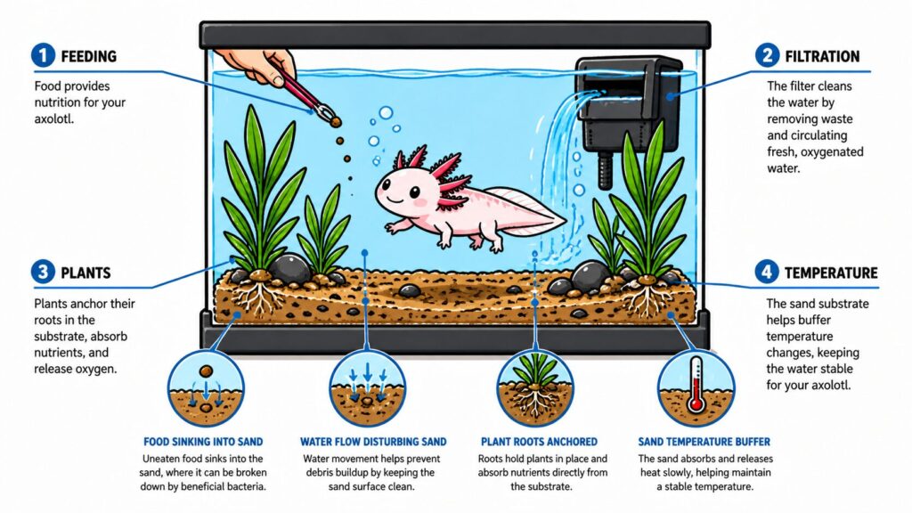 Axolotl tank showing how substrate affects feeding filtration plant growth and temperature stability