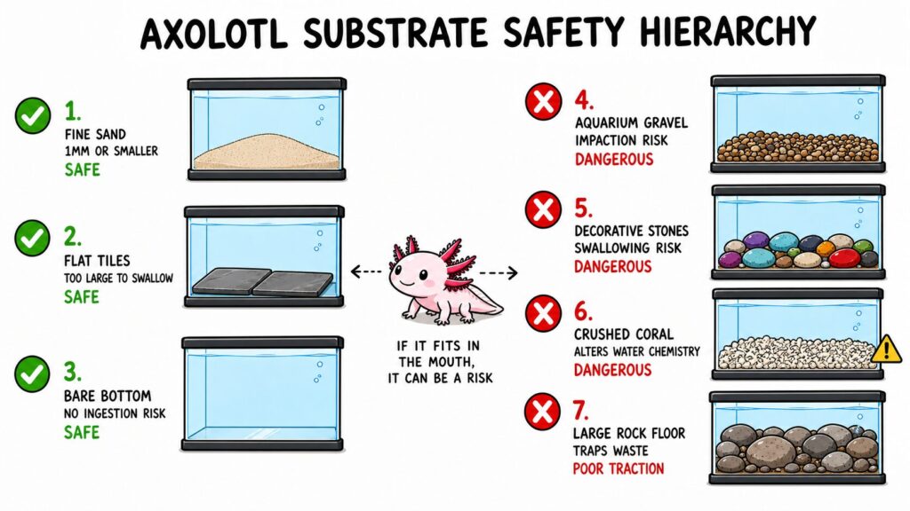 Complete axolotl substrate safety hierarchy showing safe sand tiles bare bottom and dangerous gravel coral and rocks