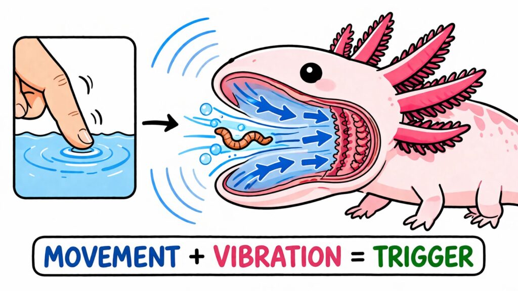 Axolotl suction feeding triggered by movement and vibration pulling objects into mouth