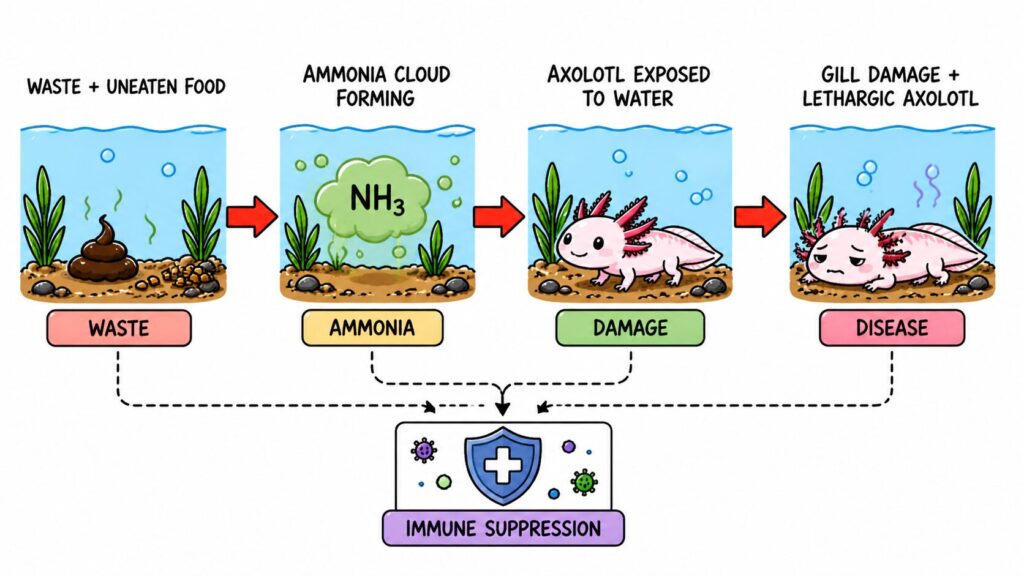 Axolotl tank waste producing ammonia leading to gill damage and health problems