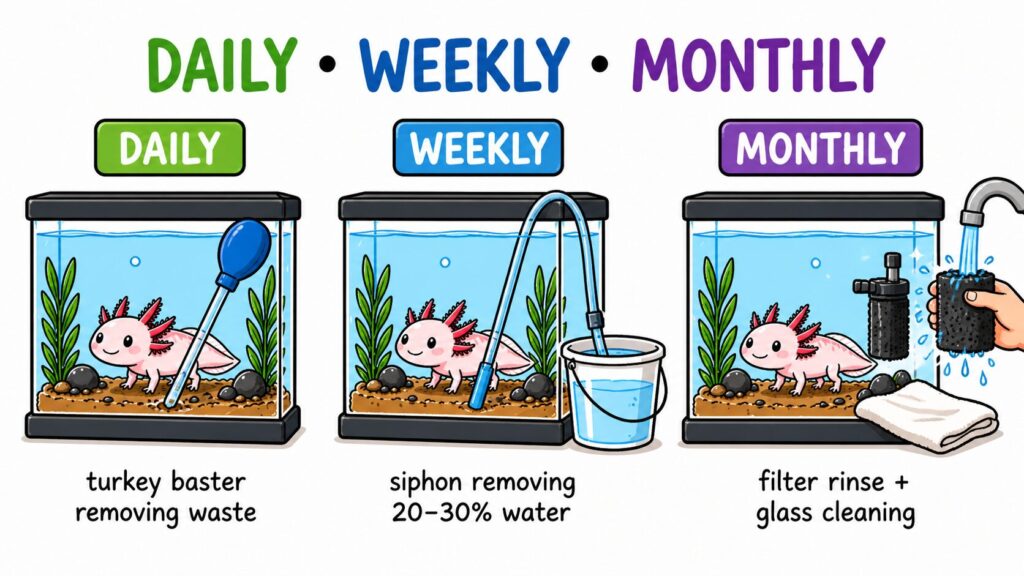 Axolotl tank cleaning schedule showing daily spot cleaning weekly water changes and monthly maintenance