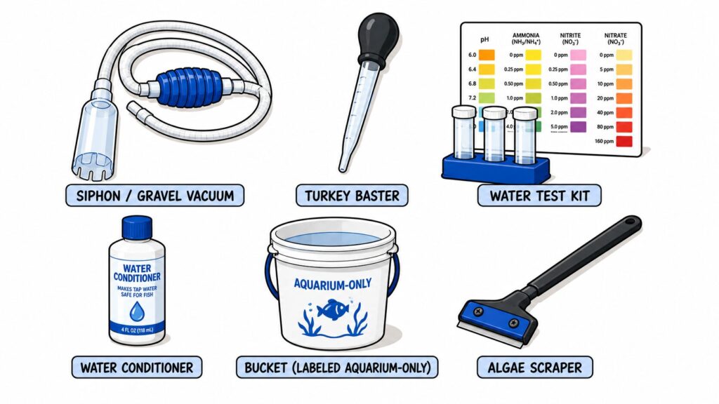 Tools for cleaning axolotl tank including siphon baster water test kit conditioner and bucket