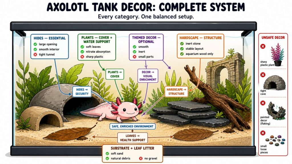 Complete axolotl tank decor setup showing hides, smooth sand substrate, driftwood, plants, Indian almond leaves, and safe aquarium decorations arranged in a balanced environment