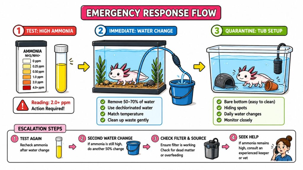 Handling axolotl tank emergency showing ammonia spike response and quarantine setup