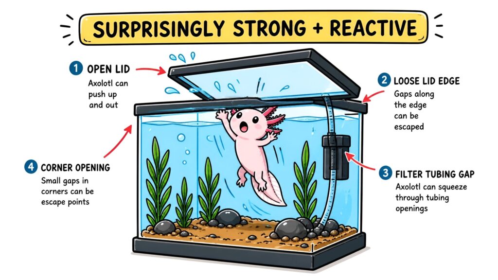 Axolotl escape routes showing gaps in tank lid tubing openings and jumping behavior
