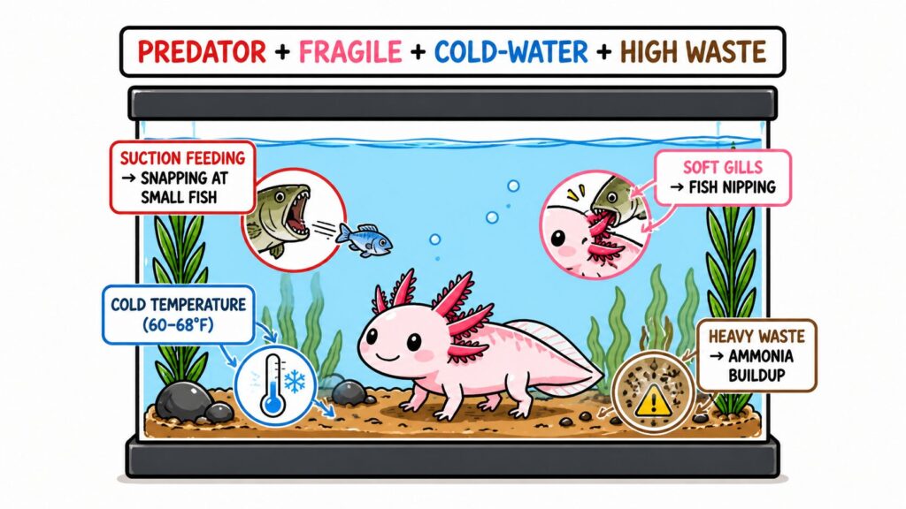 Axolotl tank mate challenges showing feeding reflex delicate gills cold water needs and high waste production