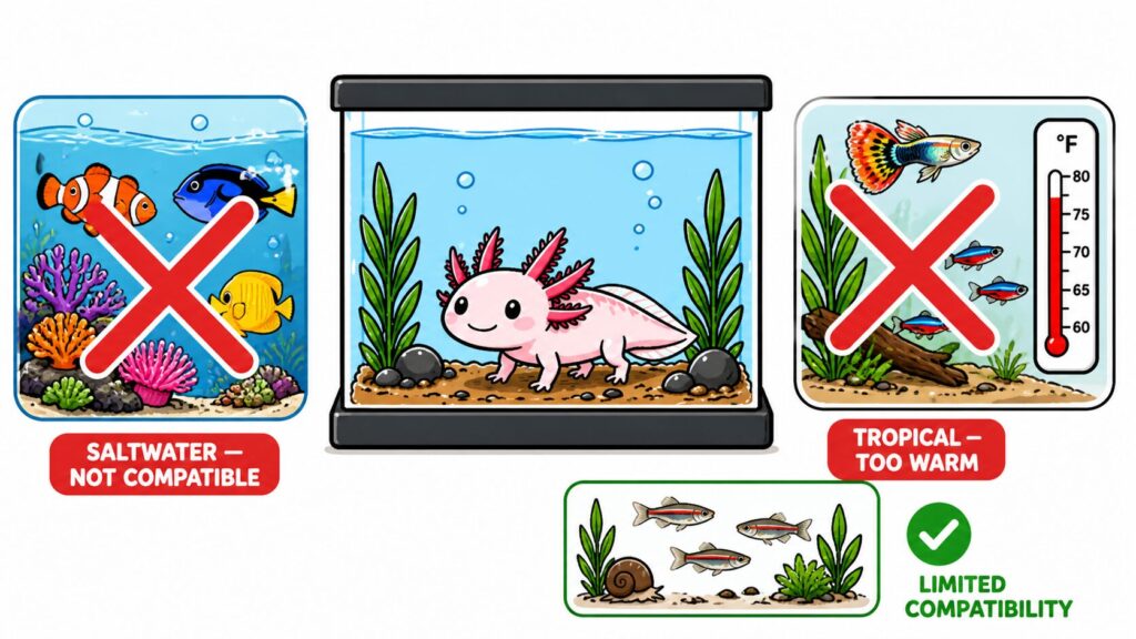 Axolotl tank mate compatibility showing saltwater and tropical fish unsuitable for freshwater cold environment