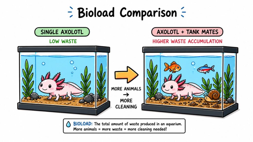 Axolotl tank with tank mates showing increased waste and need for more frequent cleaning