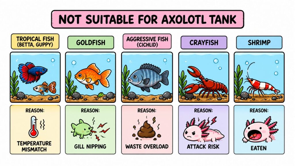 Animals unsafe with axolotls including tropical fish goldfish crayfish shrimp and aggressive species
