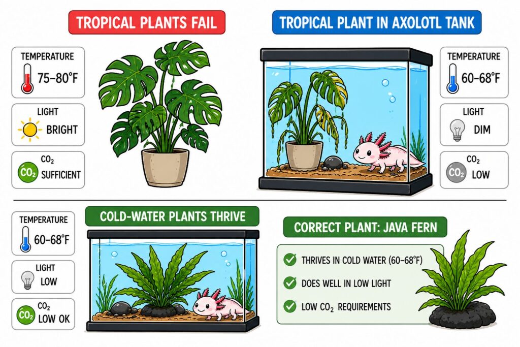 Aquarium plants failing in cold low light axolotl tank conditions compared to cold tolerant plants thriving