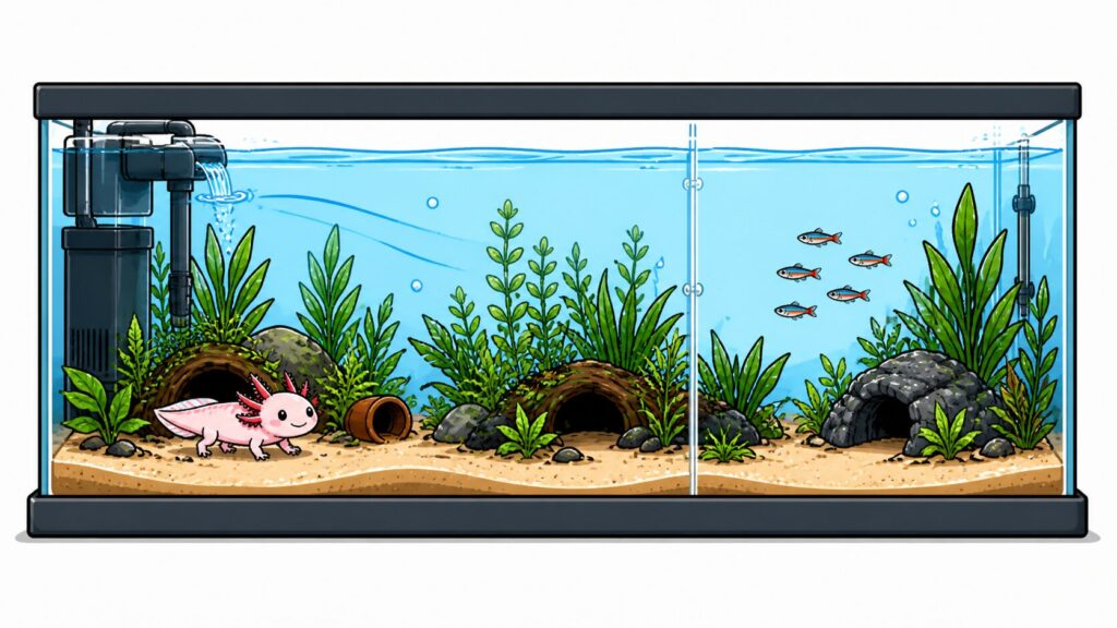 Axolotl tank setup for cohabitation showing filtration hides plants and proper substrate