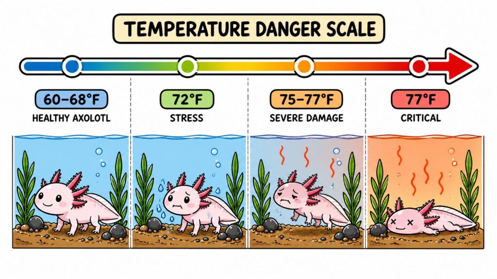 Axolotl temperature range showing safe conditions stress and dangerous overheating levels