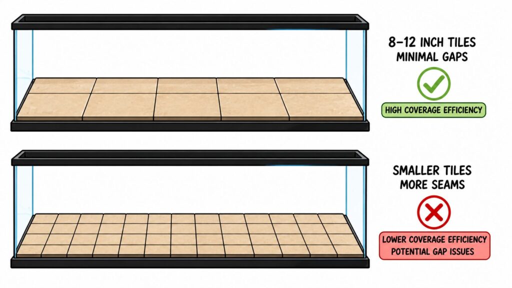 Tile coverage in axolotl tank showing large tiles reducing gaps and improving layout