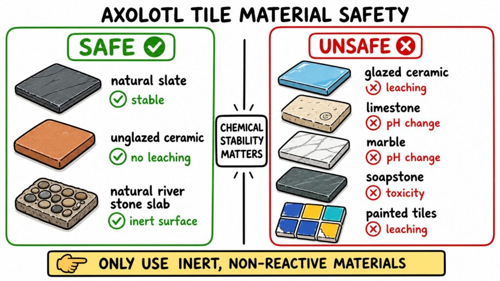 Safe and unsafe tile materials for axolotl tanks including slate ceramic and harmful materials