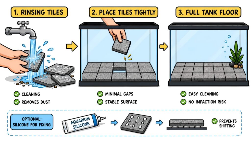 Setting up axolotl tank tiles by rinsing placing tightly and optional silicone fixing