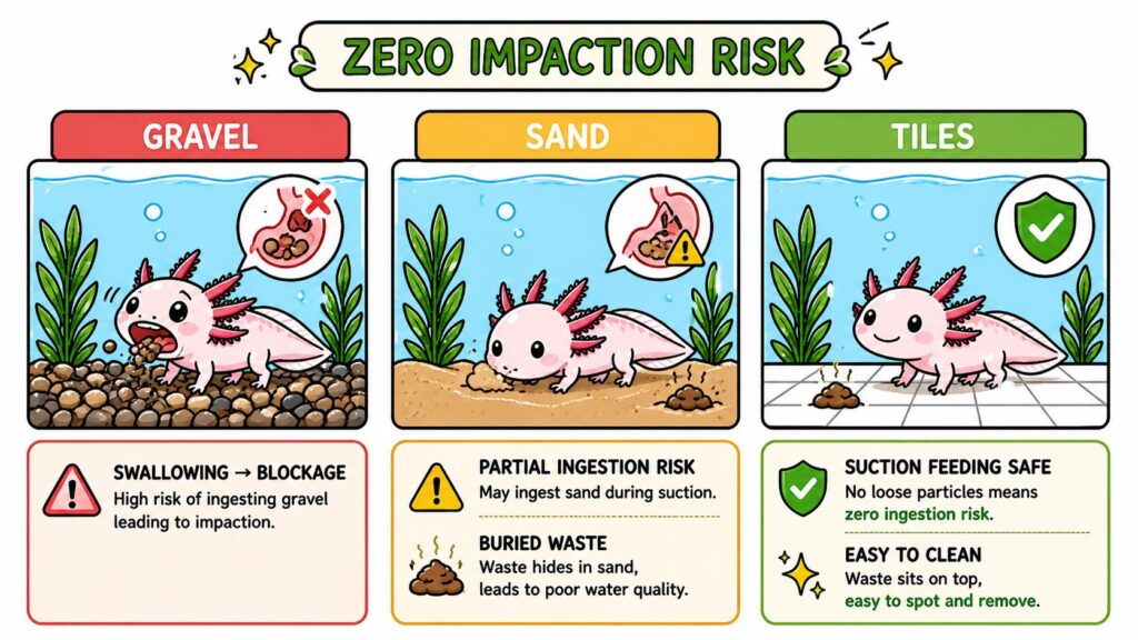 Comparison of axolotl substrates showing gravel risk sand limitations and tile safety