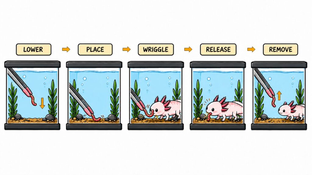 Correct axolotl feeding technique using tongs showing lowering wriggling and removing uneaten food