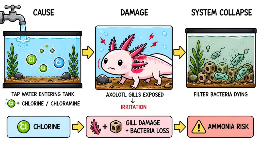 Chlorinated water damaging axolotl gills and killing beneficial bacteria in aquarium filter