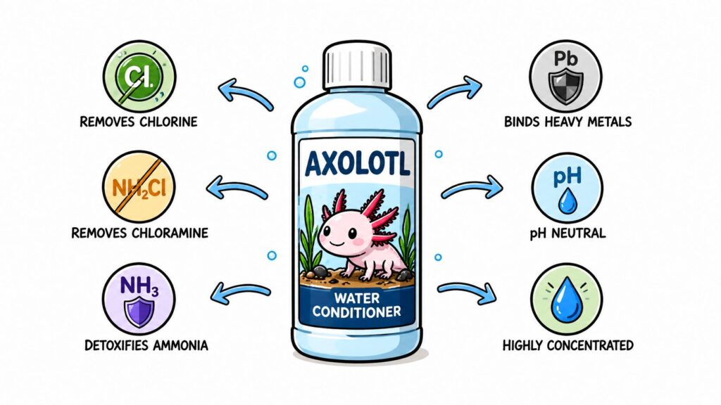 Water conditioner features showing removal of chlorine chloramine ammonia and heavy metals