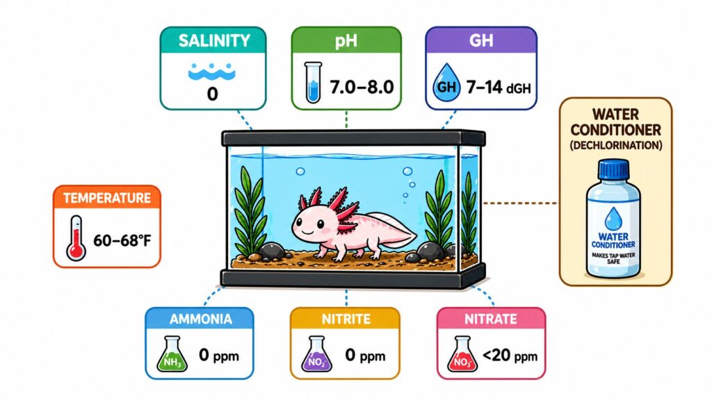 Axolotl water parameters showing correct freshwater conditions including pH hardness temperature and zero ammonia
