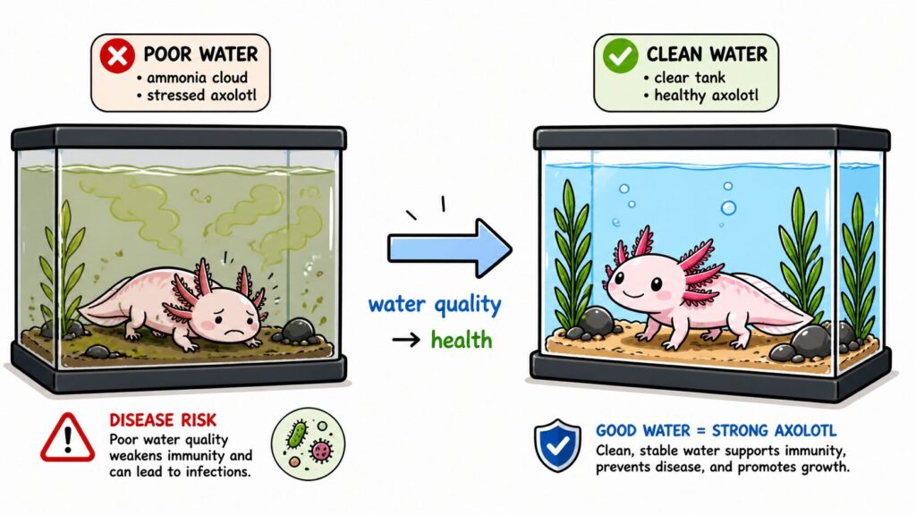 Axolotl health linked to water quality showing ammonia stress versus clean water healthy condition