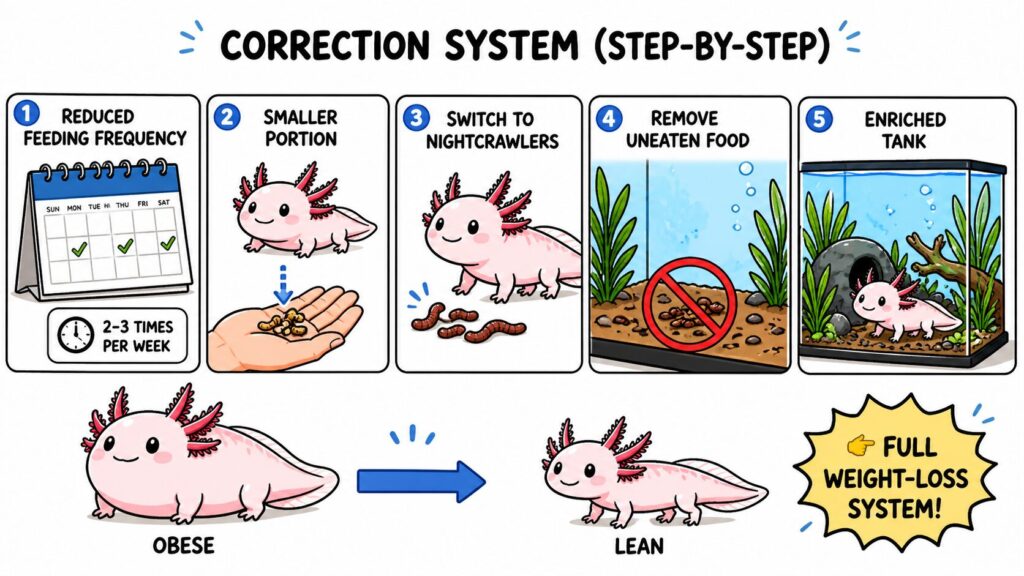 Helping axolotl lose weight by reducing feeding improving diet and enriching environment