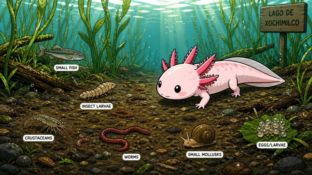 Axolotl hunting in wild showing fish insects worms crustaceans and other prey