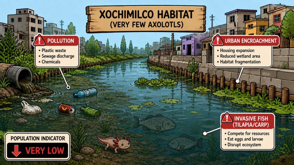 Axolotl wild habitat showing freshwater ecosystem under threat from pollution and invasive species