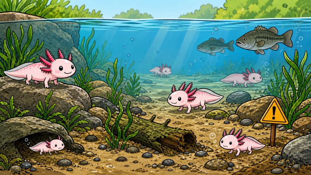 Axolotl in wild habitat showing low interaction between individuals and reduced cannibalism compared to captivity
