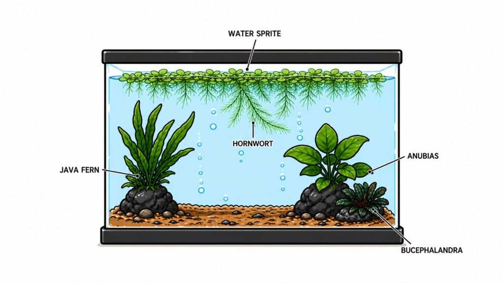 Best axolotl tank plants including Java Fern Hornwort Anubias Bucephalandra and Water Sprite in cold water setup
