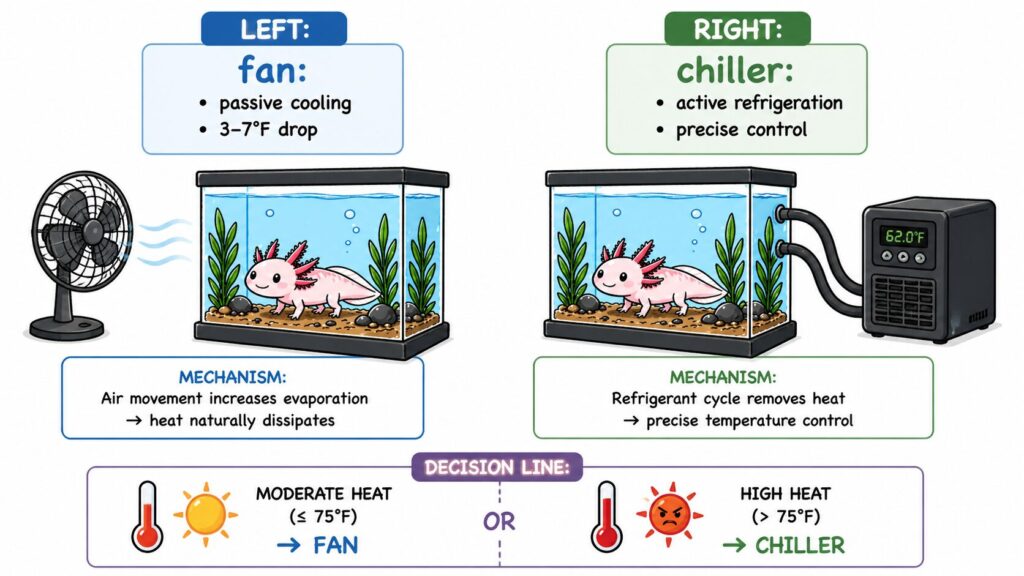 Comparison of aquarium cooling fan and water chiller showing differences in cooling power