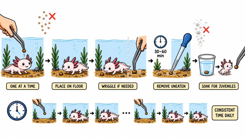 How to feed axolotl pellets showing lowering pellet placing on substrate and feeding response