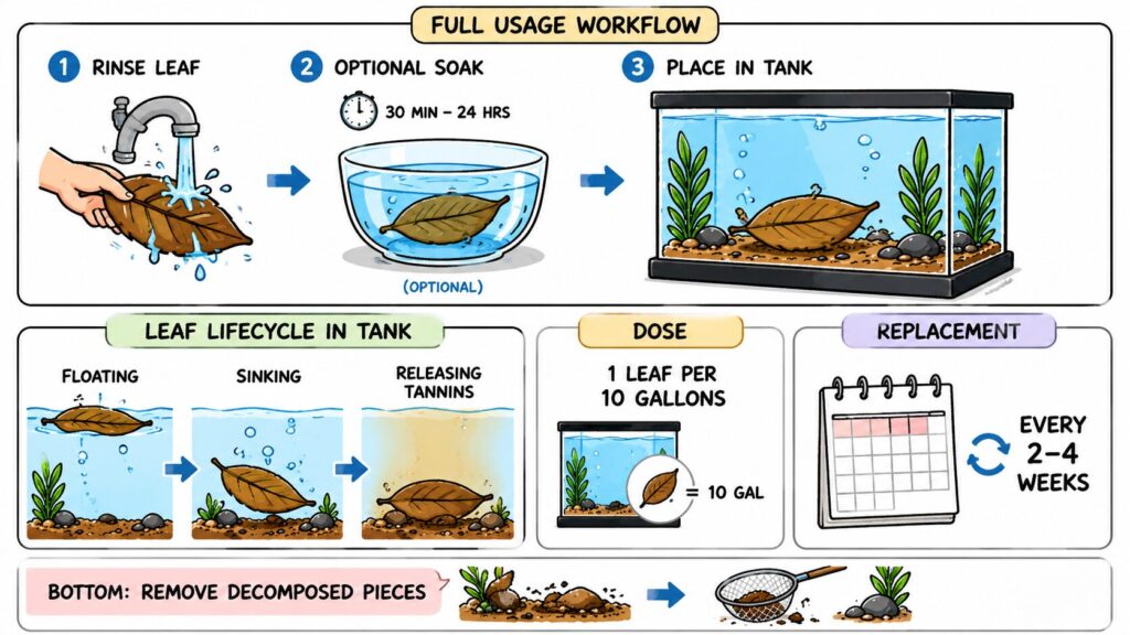 Using Indian almond leaves in axolotl tank including rinsing soaking dosing and replacement