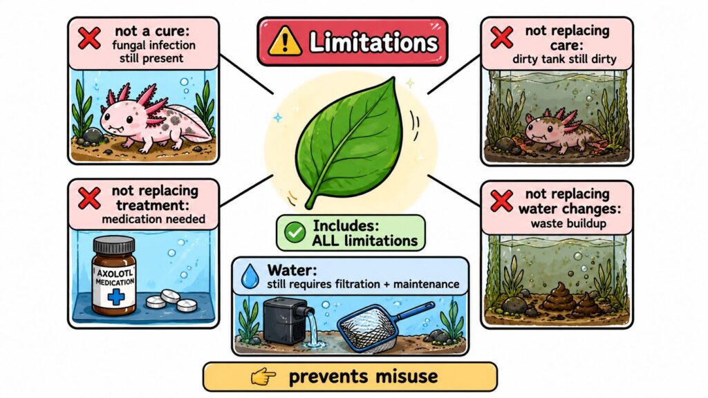 Indian almond leaves limitations showing they do not replace treatment filtration or water changes