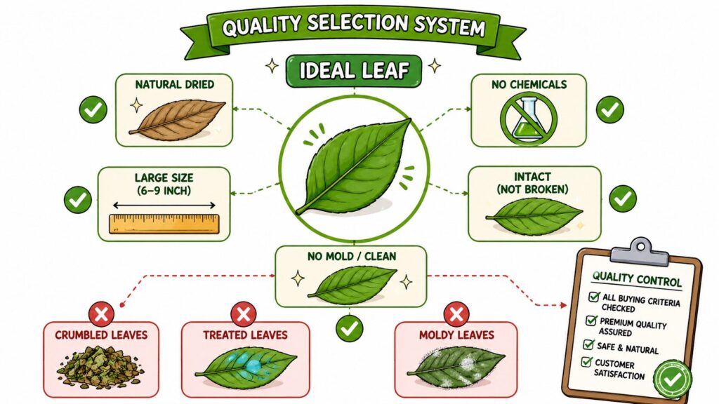 Choosing high quality Indian almond leaves showing size intact condition and chemical free drying